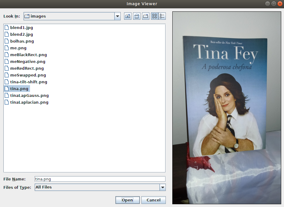 Screenshot of the Image Viewer application showing a picture of Bossypants, Tina Fey's autobiography.
