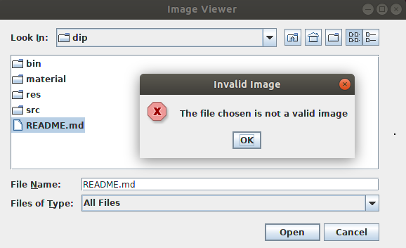 Screenshot of the Image Viewer application showing an error because the user tried to open a Markdown file, instead of an image.