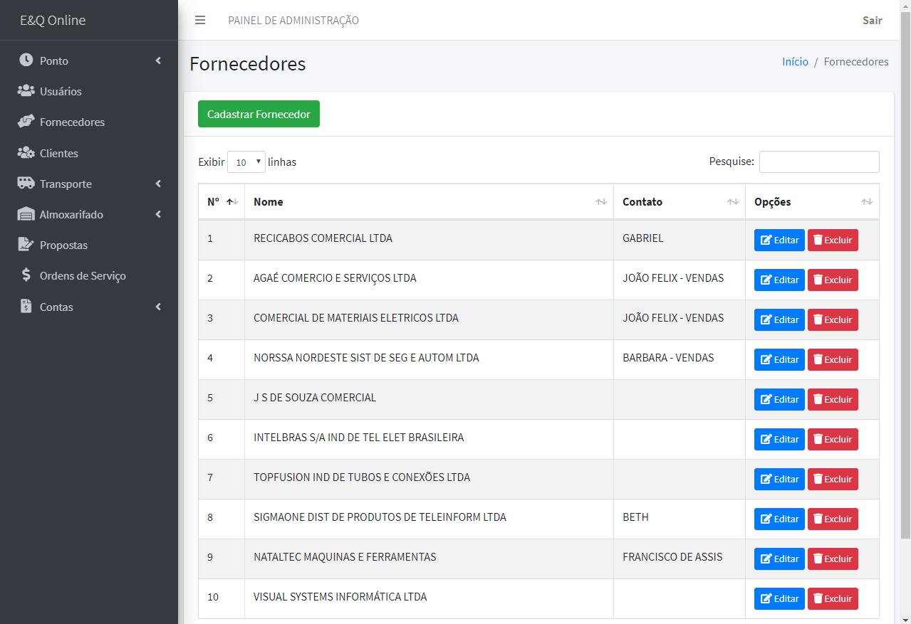 The screen where the user can see all registered suppliers.