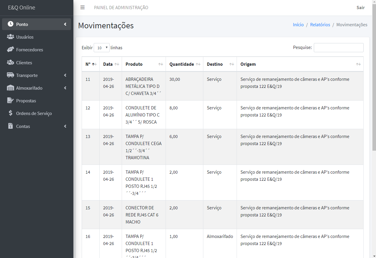 The screen where the user can see all registered movements.