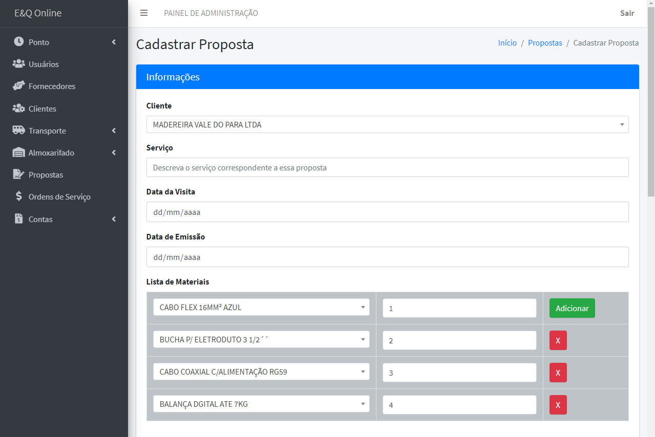 The screen where the user can calculate the total of a proposal - part 01.