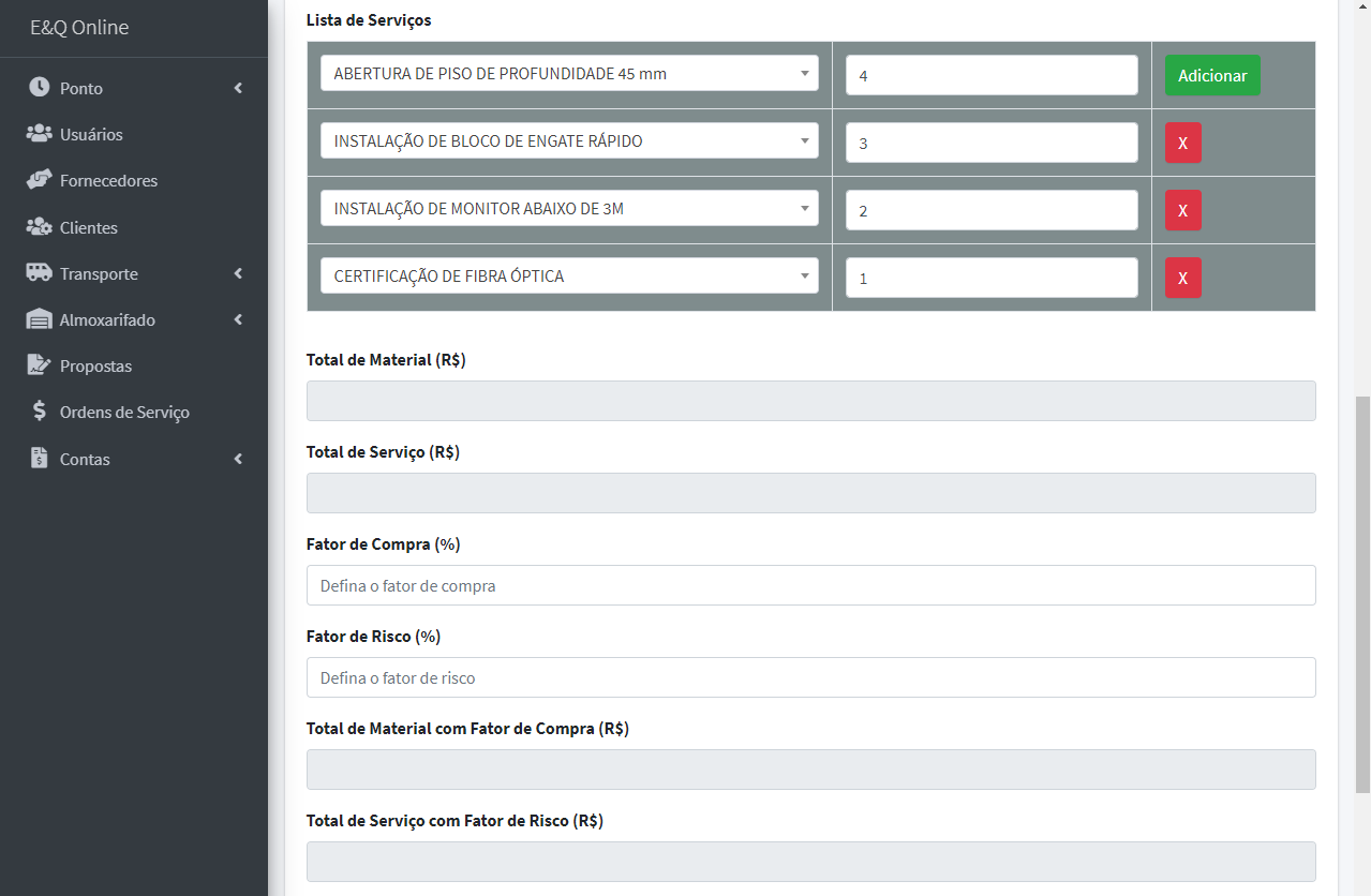 The screen where the user can calculate the total of a proposal - part 02.